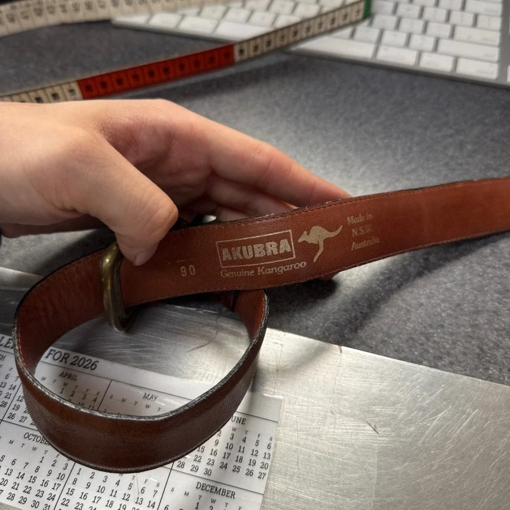 Akubra Belt Mens 90 Brown Good Genuine Kangaroo Leather Brass Buckle Australia